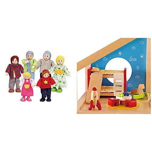 Hape Caucasian Doll Family Set for Kid's Dollhouses & Wooden Doll House Furniture Children's Room with Accessories