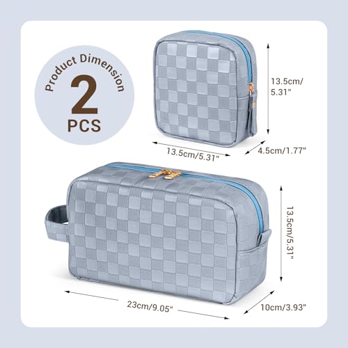 MAGEFY 2Pcs Makeup Bag, Cute Checkered Pouch with Handle, Leather Travel Makeup Pouches for purse Make Up Bag for Cosmetic, Lipstick,Blue Haze3
