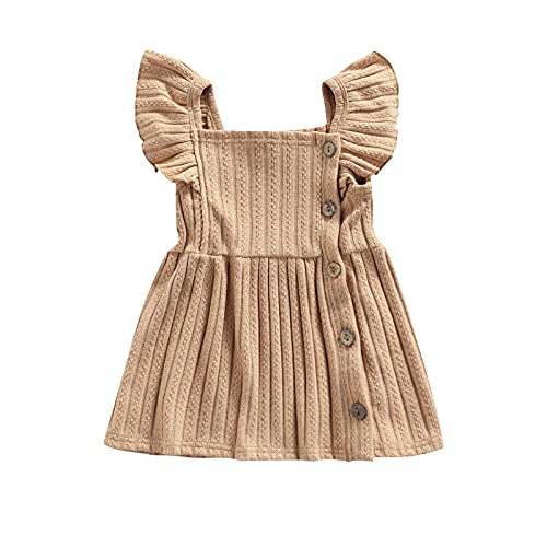 Visgogo Kids Baby Girl Dresses Solid Color Ruffles Button Knitting Square Collar Outfits Clothes (Khaki, 18-24 Months) #TOP12