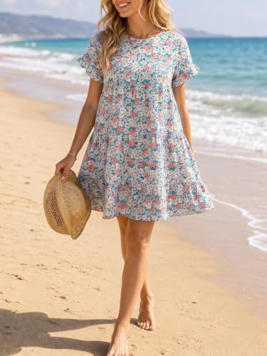 Image of Chuanqi Womens Ruffles Boho Floral Printed Babydoll Loose Swing Casual Short Mini T-Shirt Dress