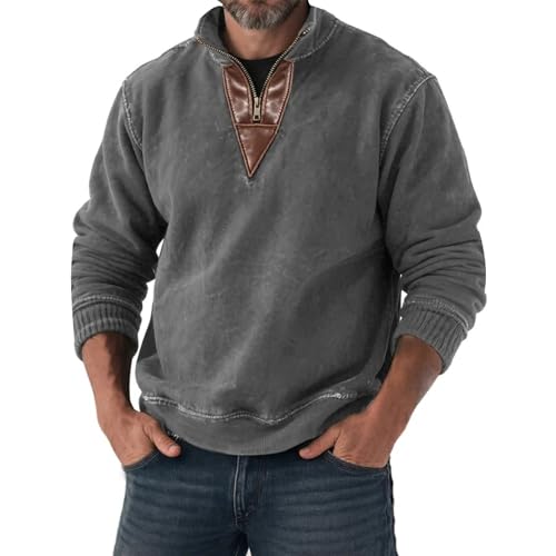 Mens Sweatshirt Quarter Zip Pullover Casual Vintage Acid Wash Sweatshirt Mock Neck Long Sleeve Fall Winter Streetwear