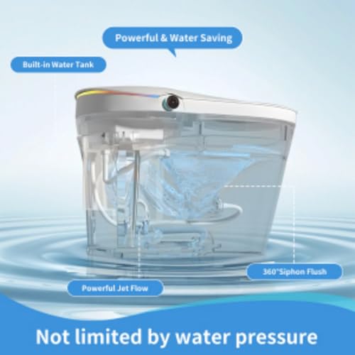 Inodoro inteligente de una pieza sin tanque con bidé integrado, descarga automática, apertura y cierre automáticos, asiento calefactado, lavado con burbujas, agua tibia y secado, temperatura ajustable, control remoto y botón lateral miniatura 3