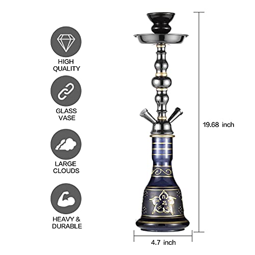 20" Hookah set - 2 Hose Premium Shisha Hookah Kit with Glass Vase, Ceramic Bowl and Coal Tongs Ashtray for Better Shisha Hookah Narguile Smoking (Black) - Image 5