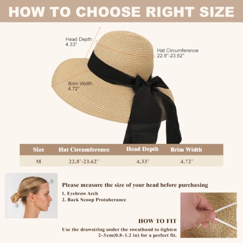 Image of Surblue Women's Beach Straw Hat, Wide Brim Sun Hat with Black Bow