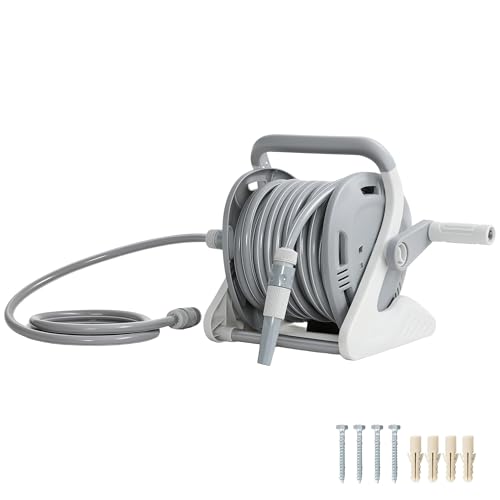 Image of Outsunny Portable Garden Hose Reel, 20+2 m Wall-Mounted Hose Reel with 2 Patterns Spray Nozzle, Compact with Crank Handle for Lawn Garage Car Cleaning Watering, Grey