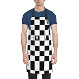 OXJOIIS Men Women Kitchen Apron Waiter Hostess Apron Waterproof Liquid Drop Resistant for Restaurant, Salon, Chef Black And White Race Waving Checkered Apron Extra Long Ties Machine Washable