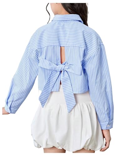 OYOANGLE Girl's Bowknot Button Down Shirts Casual Loose Striped Cute Long Sleeve Blouse