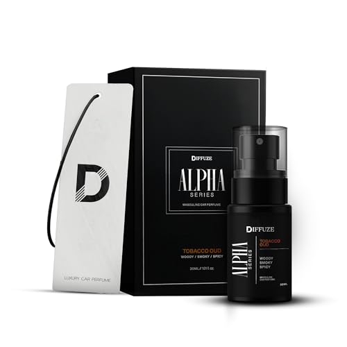 Image of DIFFUZE ALPHA Series Tobacco Oud Car Perfume Spray with Hanging Card - 30 ml | Premium Masculine Car Fragrance for Men | Long Lasting Woody Tobacco & Oud Scent | Made in India