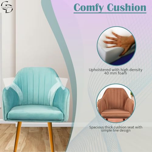Image of Velvet Accent Chair | Luxury Upholstered Armchair with Sturdy Metal Legs | Modern Comfortable Chair for Living Room, Bedroom, Office, or Cafe (Golden Legs, Sky Blue)