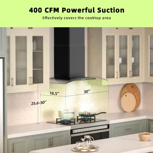 FIREGAS Wall Mount Range Hood 30 inch with 3 Speed Fan,black range hood with tempered glass,400CFM,Push Button Controls, LED Lighting, Permanent Filters in Stainless Steel,includes 2 Charcoal Filters