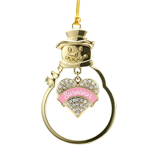 Inspired Silver - Pink Script Survivor Breast Cancer Support Charm Ornament - Gold Pave Heart Charm Snowman Ornament with Cubic Zirconia Jewelry
