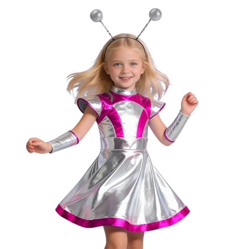 Genérico Vestido de galáxia com aro de cabelo alien para meninas holográfico brilhante vestido de espaço exterior disfarce de cadete espacial marciano 3-8 anos, W01 Caldo rosa