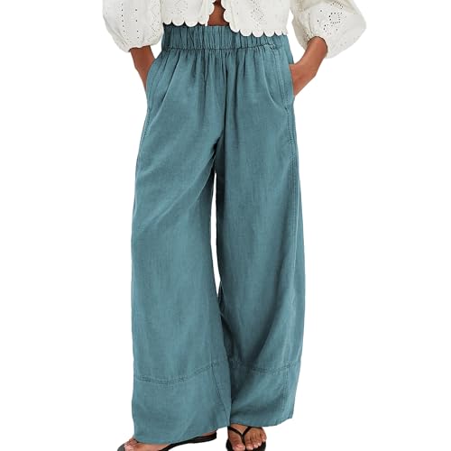 Songling Wide Leg Linen Pants for Women Summer Cotton Casual Palazzo Pant Boho Flowy Beach Pants with Pockets(Blue,L)