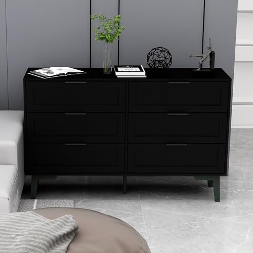 Image of Modern Wooden Dresser with Drawers, Tall Bedroom Storage Chest of Drawers, Wide Storage Dresser for Bedroom, Living Room, Entryway, Sturdy Organizer Cabinet Furniture,Black