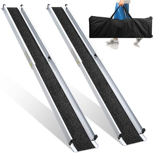 Cecaylie 2 x 87-152 cm Rollstuhlrampe, Aluminium Auffahrrampe, Rampe Rollstuhl bis 300 kg, Rollstuhlrampe Klappbar, Rollstuhlrampen, Treppenrampe für Rollstuhl,Teleskoprampe mit Textiltasche