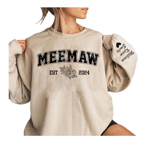 LIISE Personalized Nickname Sweatshirt with Kid's Names on Sleeve Custom Est Sweatshirt for Grandma Mom Mama Nana Mimi Gigi