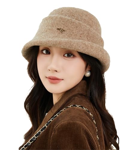 Elegant Faux Wool Fedora Bucket Hats for Women Vintage Felt Cloche Bowler Cap Warm Outdoor Headwear Fall Winter Mocha
