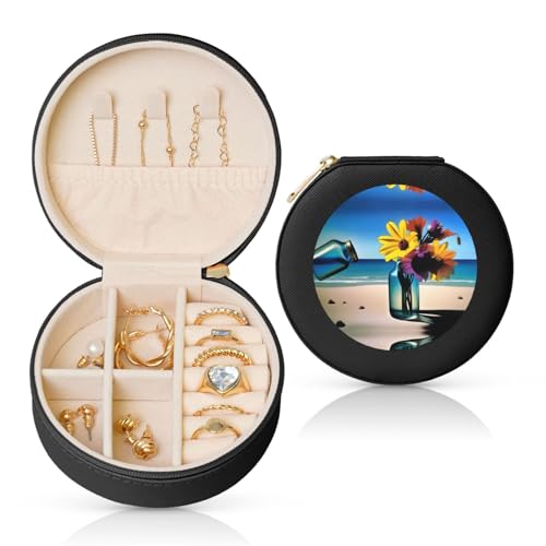 Vase en verre avec fleurs - Boîte à bijoux de voyage pour femme - Pour collier, boucles d'oreilles, bagues et accessoires - Noir rond
