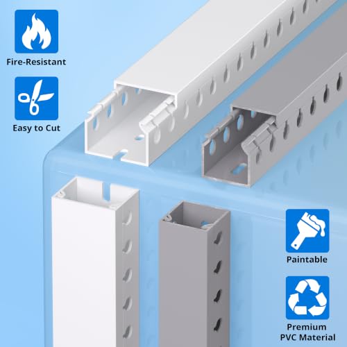 Image of 1.2 inchH x 1.6 inchW Cable Raceway, 12ft Under Desk Wire Management Channel, White | Slotted Wire Duct, 4 Pack (3 ft Each), Heavy-Duty PVC Cable Management for Server Racks, Network Cables & Electrical Cabinets