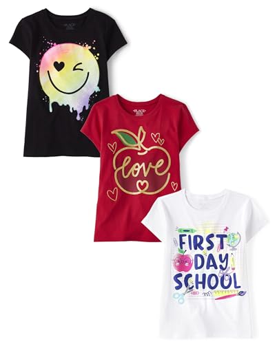 The Children's Place,Girls,School Days Short Sleeve Graphic T-Shirts,Multipacks,Smiley/Apple Love/1st Day Apple 3-Pack,X-Small