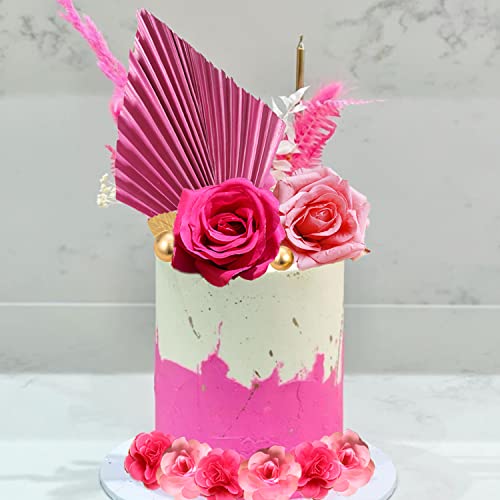 Natural Boho Cake Topper Artificial Hot Pink Flower Hot Pink Palm Leaves Golden Balls Cake Decorations For Wedding Baby Shower (Pink) #TOP5
