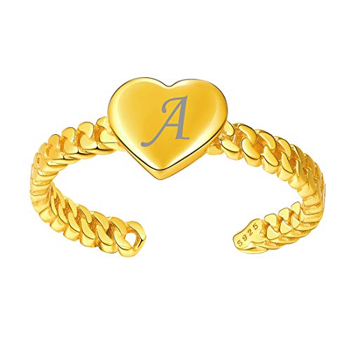 ChicSilver 925 Sterling Silver Customizable Heart Ring Simple Adjustable Open Ring for Women, Silver/Gold Plated/Rose Gold Plated Gold-Free Engraving