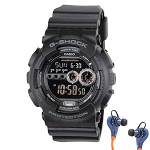 G-Shock Casio Mens Watch – Black – Wireless Earphones Combo – Watch 20 bar Water Resistant, Shock Resistant, 7 Year Battery Life, High Brightness LED Backlight, Timer, Stopwatch, Multi-City Time