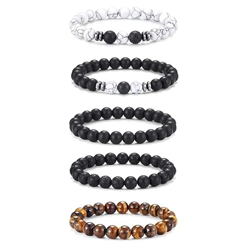 ElevaPulse Lot de 5 bracelets de perles en pierre naturelle pour homme avec œil de tigre mat et plus encore, bracelet élastique - Bracelets réglables et polyvalents