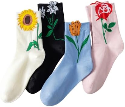 Cute Floral Pattern Crew Socks For Women,Fancy Sunflower Rose Lily Tulip Cottagecore Novelty Cotton Socks