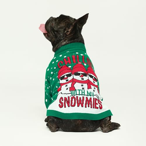 Image of Fitwarm Chillin with My Snowmies Dog Ugly Christmas Sweater, Winter Dog Clothes for Small Dogs Girl Boy, Pet Holiday Sweatshirt, Xmas Snowman Outfit, Green, Red, White, XS