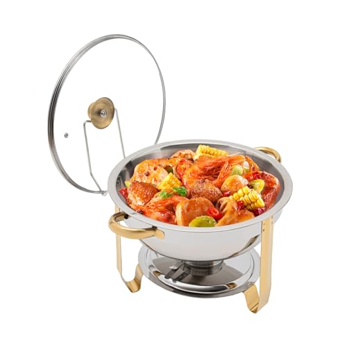 PurpleMinder 5L Chafing Dish Gold Redondo, Calentador de Buffet de Acero Inoxidable con Tapa, Calentadores de Comida con Bandeja de Calefacción, Calentador de Bufé para Restaurantes, Catering, Fiesta