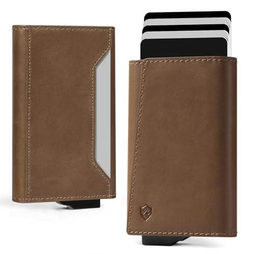 YESIIW Premium Genuine Leather Wallet for Men - Pop up Slim wallet for 7-9 Card Capacity | 1 ID Window | Cash Slot - Smart Mens Wallet Card Case with RFID Blocking - Thin, Front Pocket (Brown)