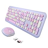 Wireless Keyboard and Mouse Combo, Colorful Ergonomic Full Size Retro Low-Noise Keyboard with Cute...