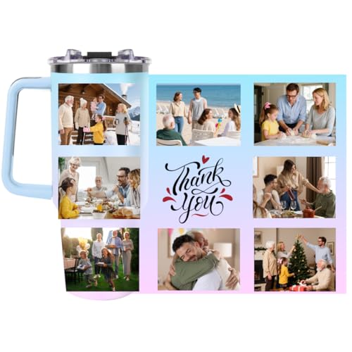 Image of Personalized 40oz Tumbler with Handle, Custom Insulated Tumblers with Pictures Logo, Stainless Steel Travel Coffee Mug, Personalized Gifts for Women Men Birthday Fathers Day Mothers Day(8 PHOTOES)