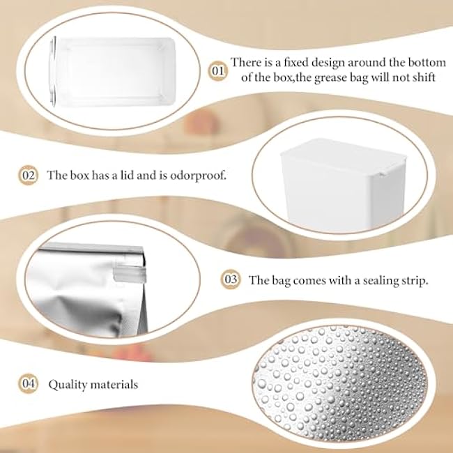 Hushee Set of 26 Grease Container for Kitchen with 25 Pcs Foil Liners Disposable Grease Bags, 1 Pcs White Storage Bin, Cooking Oil Container Help Stop Kitchen Drains from Getting Clogged