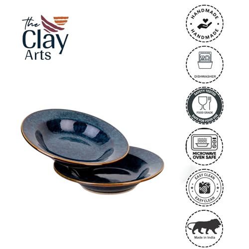 Image of Premium Pasta Plates, Ceramic Plates for Pasta, Large, Round & Deep Dish, Microwave & Dishwasher Safe, Handmade Stoneware, Elegant Tableware, Rustic Blue, 9 Inch, Set of 2