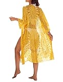 Blooming Jelly Womens Bathing Suit Cover Up 3/4 Sleeve Mesh Swimsuit Coverup Long Floral Beach Lace Kimono Summer Cardigan (One Size, Yellow)