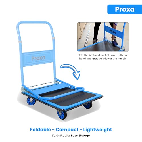 Image of Proxa 300 kg Steel Foldable Platform Trolley | Heavy Duty Material Handling Cart with 5 Inch Wheels | Portable Goods Trolley for Warehouse, Office, Home & Industry Use (91 x 61 x 85 cm)