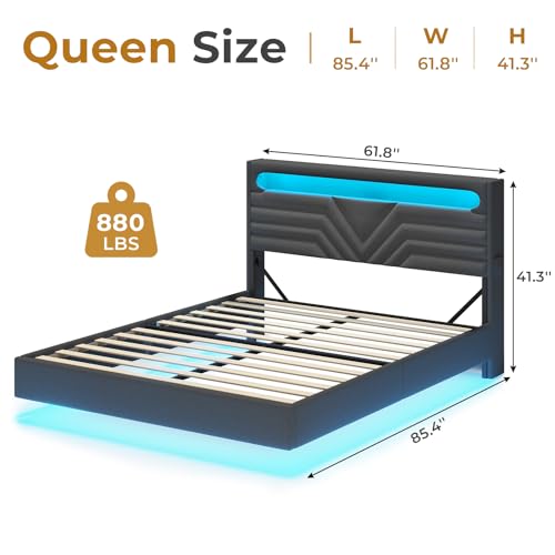 Image of HAUOMS LED Floating Bed Frame Queen Size with Storage Headboard, Dark Grey