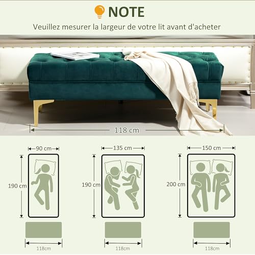 Banquette velours capitonnée vert pieds dorés HOMCOM