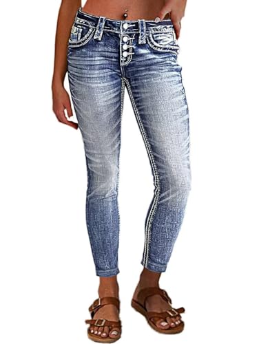 Flamingals Women's Mid Waisted Button Fly Straight Leg Front Jeans Topstitching Ripped Casual Denim Pants