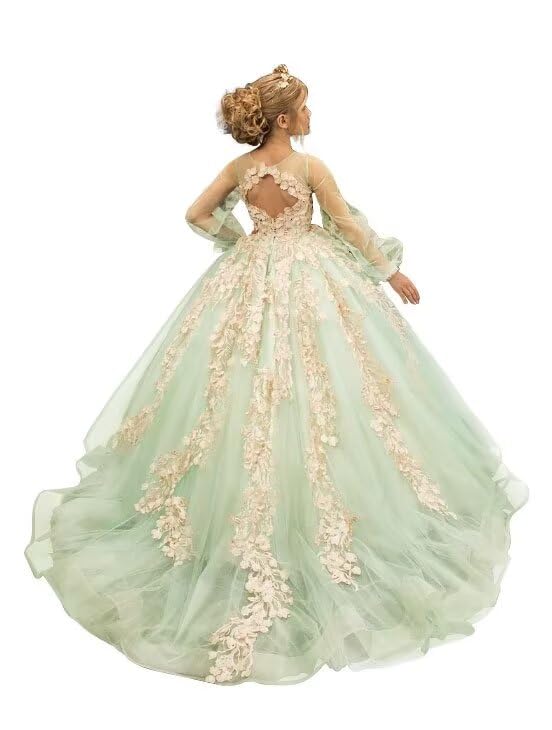 Flower Girl Dress Tulle First Communion Dress Long Sleeve Pageant Ball Gowns3