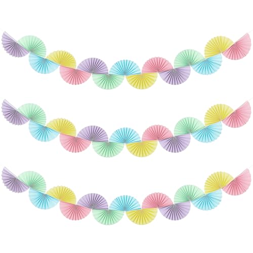 Image of 3 Pack Wedding Paper Fans Garland 15.6ft Colorful Background Ceiling Hanging Decorations Paper Garland Decorations Set for Birthday Party Supplies 3D Bachelorette Party Decorations (Pastel)