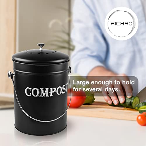 Compost Bin Kitchen 1.3 Gallon Smell Free Charcoal Filter Countertop Compost Bin With Lid - Stainless Steel Rust-Free Composting Bin For Kitchen Counter Compost Bucket Includes A Spare Filter (Black #TOP3