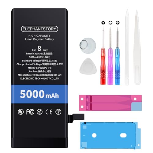 Elephantstory für iPhone 8 Akku 5000 mAh Hohe Kapazität Ersatzakku Lithium Polymer Akku für Modell A1863 A1905 A1906 mit Reparatur Werkzeugsatz und Anleitung Buch