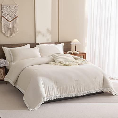 Move Over Beige Comforter Set California King Comforter Set 3 Pcs White Chenille Tassel Fringe Trim Boho Style Cream Comforter Bedding Set With 2 Pillowcases #TOP1