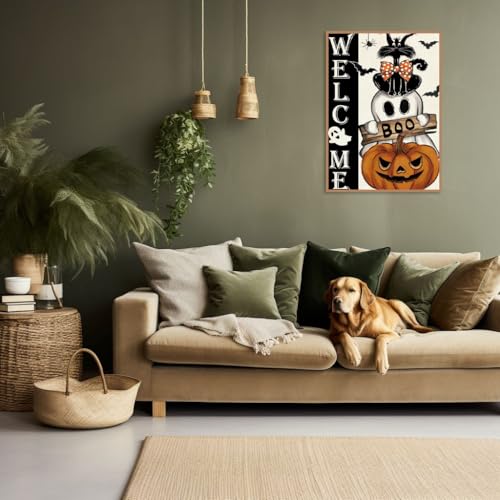 Image of Halloween Stamped Cross Stitch Kits for Adults Beginner, Black Cat Pumpkin Cross Stitch Kits Printed Stitching Patterns Dimensions Needlepoint Art Crafts Embroidery Kits for Adults Beginners 12x16 in