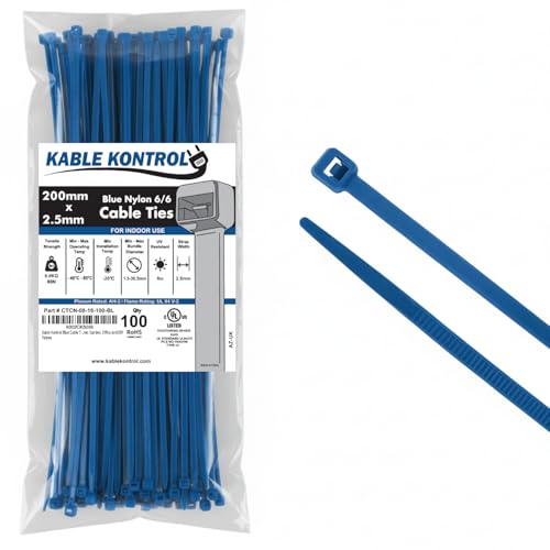Kable Kontrol Blue Cable Ties, 200 mm x 2.5 mm, Pack of 100, 8" Premium Nylon Zip Ties, Multi-Purpose Plastic Tie Wraps, Secure Self-Locking Mechanism, for Home, Garden, Office and DIY