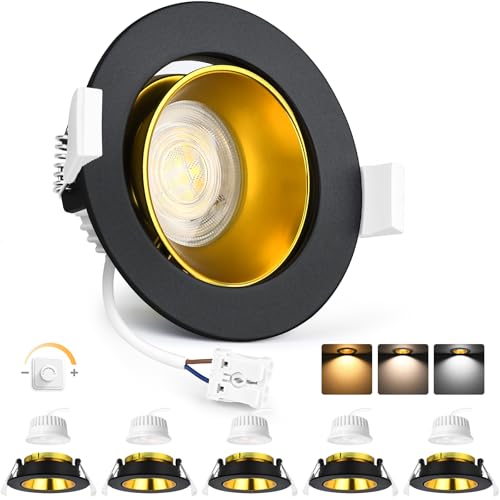 YindaLux Lot de 6 spots LED encastrables - 230 V - Intensité variable - 5 W - 3000 K/4000 K/6500 K - 75-80 mm - IP44 - En aluminium mat - Pour salle de bain,...