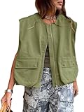 Tankaneo Womens Casual Zip Up Vest Cargo Oversized Ruched Hem Sleeveless Blazer Jackets Tops